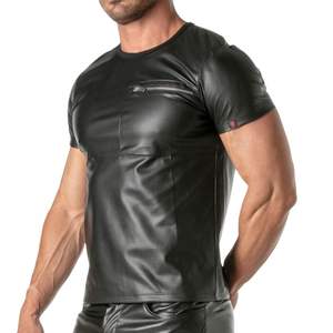 Camiseta con cremallera y bolsillo para hombre, estilo cuero negro, corte ajustado, ropa de fiesta, moda fetish. - Product Image 3