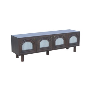 Dark <b>Wood</b> Tv Unit Media Console Storage Cabinet Four Door Cane Panel Entertainment Stand <b>Shelving</b> Living Room Furniture Vintage - Product Image 1