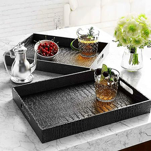Alligator Faux Leather Rectangular Serving Tray with Handles, for Coffee <b>Table</b>, Living <b>Room</b>, <b>Dressing</b> <b>Table</b> Leather Trays - Product Image 5