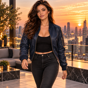 <b>Women</b>’s Genuine Leather Bomber <b>Jacket</b> Blue Slim Fitted Zip-Up Biker Motorcycle Coat Ribbed Cuffs <b>Utility</b> Sleeve Pocket Fashion - Product Image 3