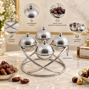 Ensemble de bols de service en acier inoxydable martelé de luxe pour dattes au chocolat avec couvercles et support tressé, décoration de table pour Ramadan et Aïd, cadeau de mariage - Product Image 3