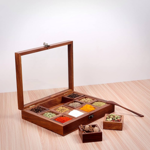 Boîte à épices en bois d'acacia avec compartiments pour comptoir de cuisine, boîtes de rangement pour épices indiennes - Product Image 1