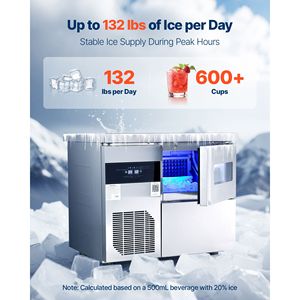 Macchina per il Ghiaccio Professionale in Acciaio Inox, Produzione 132 Libbre/24H, Capacità di Stoccaggio 30 Libbre, 70 Cubetti/Ciclo, Funzione Autopulente - Product Image 4
