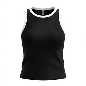 Débardeur Sport Décontracté Femme Noir Tricoté Col Rond Sans Manches Motif Côtelé Logo Avant Séchage Rapide Respirant - Product Image 1