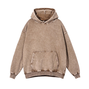Customized Side Pockets Hip Hop Unisex 350gsm Acid <b>Wash</b> Pullover Hoodie Vintage Washed Round Crew Neck Sweatshirt - Product Image 1