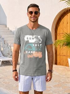 T-shirt graphique personnalisé pour homme, décontracté, à manches courtes, imprimé vintage tropical palmier, soleil, sel, sable, en coton, col rond - Product Image 5