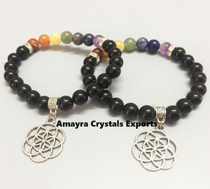 Pulsera de Chakra de Cristal Hecha a Mano al por Mayor con Amuleto Ohm, Obsidiana Negra y Ágata, AMAYRA CRYSTALS EXPORTS de Gujarat - Product Image 4