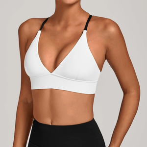 Soutien-gorge de sport blanc pour femme, col en V profond, bretelles spaghetti, sans couture, maintien moyen, respirant, style uni, pour le yoga - Product Image 2