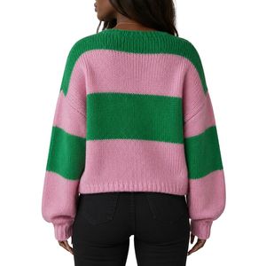 Cardigan à rayures rose et vert pour femme, pull en tricot décontracté, cardigan à manches longues, doux et chaud, vêtement d'extérieur pour superposition - Product Image 6
