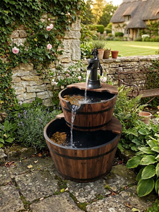 Fontaine d'eau en bois à 2 niveaux Rapitech WF010 pour décoration de jardin avec pompe en fer 60cmD/40cmD X 89cmH - Product Image 2