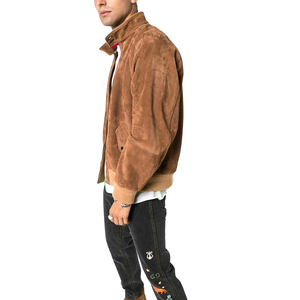 <b>Men's</b> <b>Brown</b> <b>Suede</b> Bomber <b>Jacket</b> Stand Collar Zipper Closure Casual Autumn Wear Regular Fit Solid Color - Product Image 2