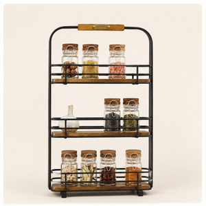 Étagère à épices de comptoir de cuisine à 3 niveaux avec cadre en métal et étagères en bois naturel, support pour pots à épices pour la décoration de la maison - Product Image 3