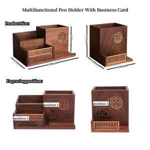 Bamboo <b>Rotating</b> Pen Stand and Organizer Square Desktop Wooden Pencil Storage Boxes with Clock for Office or Home Use - Product Image 4