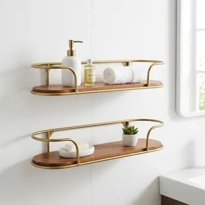 Brass Finish Metal Wall Shelf with Wooden Panel Decorative Floating Display <b>Rack</b> <b>Storage</b> Organizer for <b>Kitchen</b> Bathroom Entryway - Product Image 2