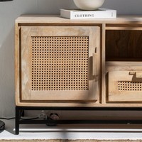 Meuble TV Vandana Lunaris Optima en rotin avec portes et tiroirs – Console de divertissement moderne en osier naturel