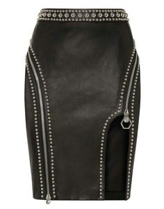Jupe crayon noire en cuir véritable à taille normale avec détails de fermeture éclair cloutée, mini-jupe formelle pour femme - Product Image 2