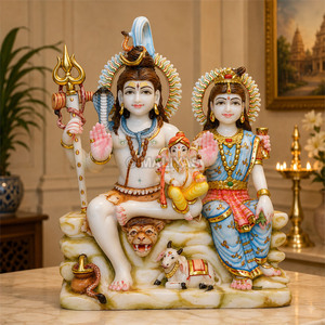Statue en marbre de Shiva Parvati avec Ganesh, Nandi et Trishul |   Idole artisanale en marbre blanc de Shiva Parvati par MALIYAS Jaipur Inde - Product Image 1