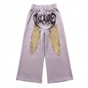 Lilac Wide Leg <b>Pants</b> With <b>Sequined</b> Logo And Glitter Print Elastic Waist Men Casual Autumn Style Wholesale rate - Product Image 1