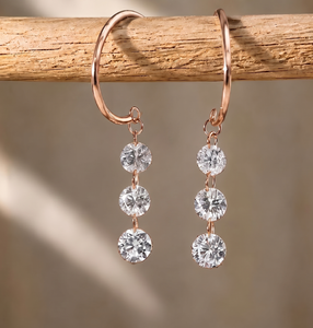 Moissanite Bridal Drop Hoop Earring 10K 14K 18K Solid Gold Round Lab Grown Diamond Hoop Dangle Earrings Fine <b>Three</b> Stone Jewelry - Product Image 3