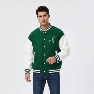 <b>Men's</b> Green <b>White</b> Varsity <b>Jacket</b> Letter J Embroidered Preppy Style Regular Fit Turn-down Collar Autumn Wear - Product Image 1