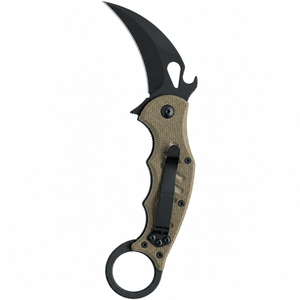 Tan Textured Handle Curved Folding Pocket Knives with Black Hook Blade Finger Ring and Belt Clip for <b>Outdoor</b> Utility Cuttings - Product Image 1