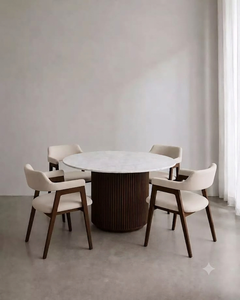 Ensemble de table à manger ronde en marbre de luxe avec base en piédestal cannelé et fauteuils rembourrés pour villa, hôtel, restaurant - Product Image 1