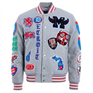 Chaqueta Varsity Gris Claro para Mujer, con Parches Bordados Personalizados, Estilo Detroit Letterman, Bomber Vintage, Ropa de Calle, Secado Rápido - Product Image 1