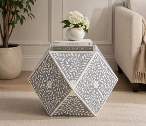 Table basse hexagonale moderne en résine avec incrustations d'os, table d'appoint géométrique, table de chevet florale avec incrustations d'os pour chambre et salon - Product Image 1