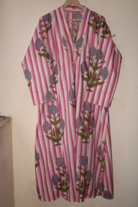 Vestido maxi bohemio de algodón con estampado a mano de rayas rosas, vestido largo holgado con estampado floral para mujer. - Product Image 3