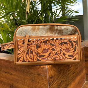 New Hot Selling Hand Tooled Leather Travel <b>Storage</b> <b>Zip</b> Makeup Pouch High Quality Cowhide Leather Portable Toiletry Cosmetic <b>Bags</b> - Product Image 5
