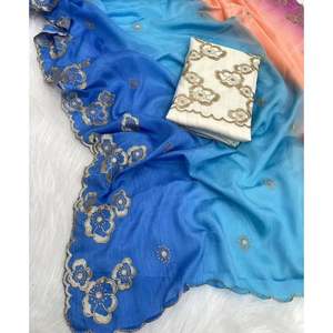 Sari de trabajo de bordado de secuencia de diseñador CHINON con blusa sin coser tela de color cielo - Product Image 1