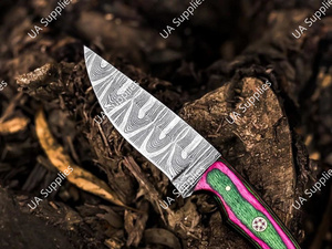 มีดใบตายเหล็กดามัสกัสคมกริบ สำหรับกิจกรรมกลางแจ้ง EDC เอาตัวรอด ตั้งแคมป์ ล่าสัตว์ ด้ามไม้ปักก้า รับผลิตแบบ ODM OEM DIY - Product Image 3