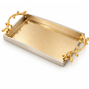 Elegant Hammered Stainless Steel <b>Decorative</b> Tray With <b>Gold</b> Floral Handles Metal Serving Platter For <b>Living</b> <b>Room</b> Coffee Table - Product Image 6