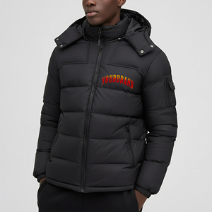 <b>Men's</b> Black Hooded Puffer <b>Jacket</b> Windproof Thick Winter Casual Zipper Closure Regular Fit Camouflage Pattern Cotton <b>Long</b> Worsted - Product Image 1
