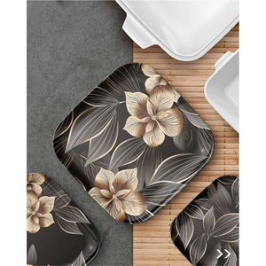 Bandeja de Servicio de Metal con Estampado de Hojas de Palma, Decorativa y de Lujo, Borde Dorado Antiguo, Rectangular, para Café, Té, Decoración del Hogar y Hoteles - Product Image 3