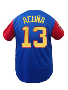 Venezuela Baseball Jersey Men Short Sleeve Blue Red White Embroidery <b>Button</b> Front Regular Fit All Seasons - Product Image 4