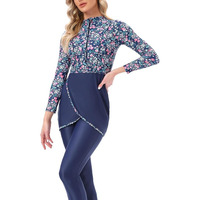 Kişiye Özel Tesettür İslami Burkini Yüksek Bel Kesimli Yuvarlak Yaka Baskılı Spandeks/Polyester Mayo 2 Parça Takım Önü Nefes Alabilen