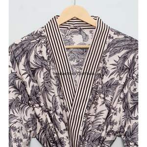 Kimono Elegante para Mujer, 100% Algodón, Estampado a Mano, con Diseño Floral, para Usar como Bata de Baño, Ropa de Dormir, Traje, Traje de Baño o Vestido de Fiesta para Primavera - Product Image 4