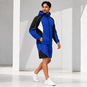 Ensemble de survêtement sportif pour homme, veste à capuche et short, bleu et noir, imperméable, séchage rapide, polyester, vêtements de sport pour le printemps - Product Image 2