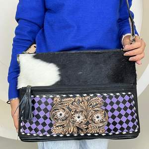 Sac à main pour femme en cuir de vachette à carreaux violets et noirs en gros, cuir travaillé, motif floral, grande capacité, sac de voyage - Product Image 4