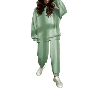 Conjunto Deportivo con Capucha para Mujer, Color Verde Sólido, Sudadera Larga con Bolsillos Laterales, Corte Holgado, Ropa Casual de Otoño - Product Image 6