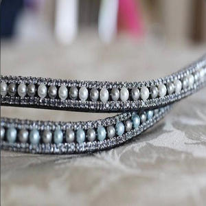 Banda de cuero negro auténtico para la frente, cristales de lujo, piedras doradas, personalizado, para montar a caballo, cuero Real ecuestre - Product Image 3