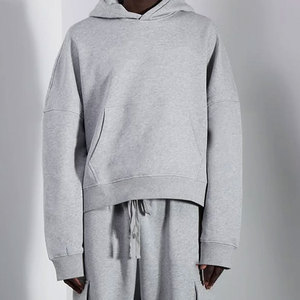 Survêtement à capuche pour hommes grande taille, gris uni, décontracté, sweat-shirt long avec poches latérales, taille élastique, coupe ample, vêtements d'automne - Product Image 6