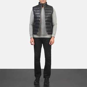 Men's Black Genuine Leather Tanned <b>Quilted</b> Vest Stand Collar <b>Single</b> Button Closure Winter Casual Jacket Slim Fit - Product Image 2