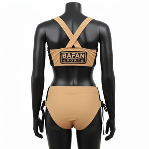 ชุดบิกินี่ผู้หญิงผ้าไนลอนผสมสแปนเด็กซ์ยืดหยุ่นสูง สีแทนดำ แต่งผ้าตาข่ายตัดต่อ พร้อมโลโก้ซิลิโคนแบบกำหนดเอง - Product Image 2