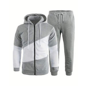 custom colorblock tracksuit men wholesale grey <b>white</b> zip up <b>hoodie</b> and joggers set activewear outdoor sportswear casual fleece - Product Image 1
