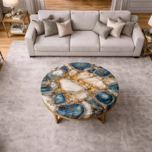 Mesa de Centro Redonda de Lujo con Tapa de Piedra de Ágata Mixta, Muebles Modernos para Sala de Estar y Decoración del Hogar al por Mayor - Product Image 1