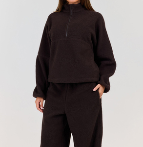 Sweat-shirt personnalisé en gros pour femme, hiver, coupe ample, en laine, à capuche, manches longues, épais, chaud, avec demi-fermeture éclair, style sport - Product Image 2