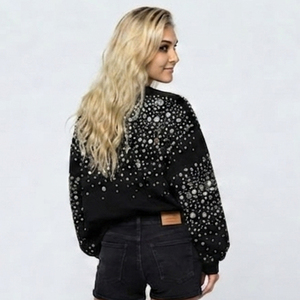 Women Winter Rhinestone Printed Cotton Fleece <b>Sweatshirt</b> Oversize Drop Shoulder Crew Neck 480 GSM High Quality French Front - Product Image 3