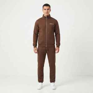 Ensemble de survêtement marron pour homme HANK EYE, col montant, manches longues, couleur unie, fermeture éclair sur le devant, tenue décontractée, coupe classique, automne - Product Image 1